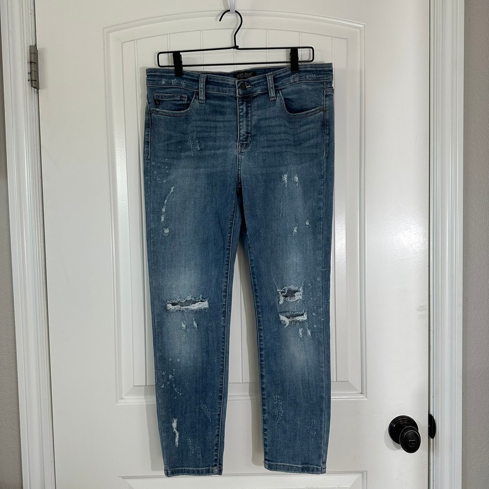 Judy Blue Relaxed Fit High Rise Distressed  Denim‎ Jeans Bleach Splattered 15/32